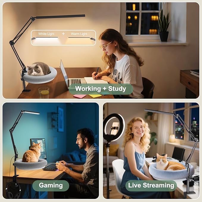 Cat Desk Bed with Desk Lamp - Cat Bed with 360 Rotation & Adjustable Height - Soft & Comfortable Hammock