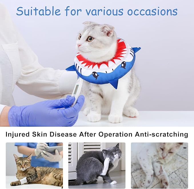 BEAUTYZOO Cat Cone Collars Soft, Cat Recovery E Collars After Surgery to Stop Licking, Adjustable Elizabeth Circle Collar Cute Pet Donut Pillow for Cats Kitten Small Dogs,Cute Shark M