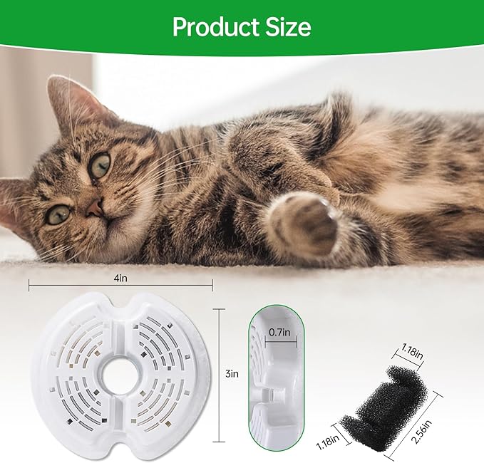 4 Packs Cat Water Fountain Filters for Ultra Silent Cat Fountain 67oz/2L with LED Night Light, Triple Filtration System Activated Carbon Filter with Pre-Filter Sponges for Pet Water Fountain