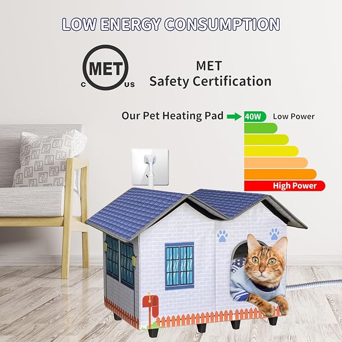 Heated Cat Houses for Indoor/Outdoor Cats with Large Elevated Heated Cat Bed Providing Safe Feral Cats, Easy to Assemble