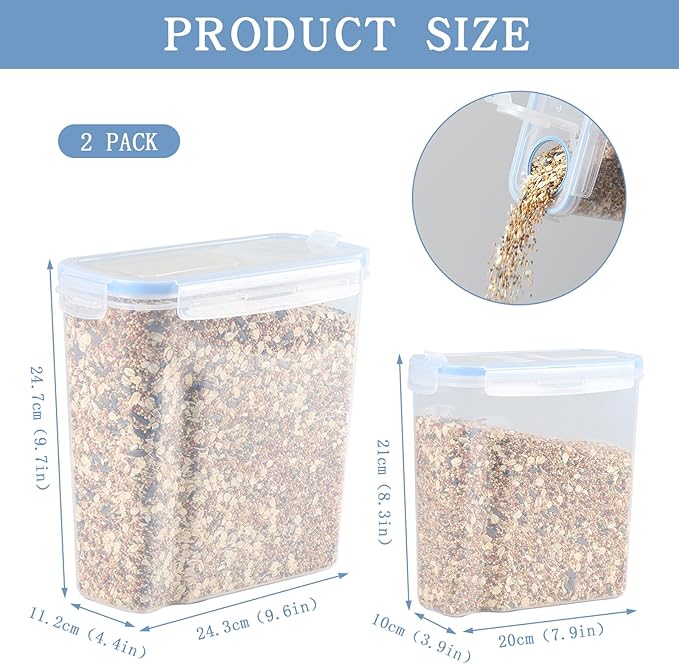 2Pack Bird Food Storage Container 3.52qt/4L & 2.2qt/2.5L, Airtight Pet Food Containers with Lids, Medium Latched Bird Seed Dispenser, BPA-Free
