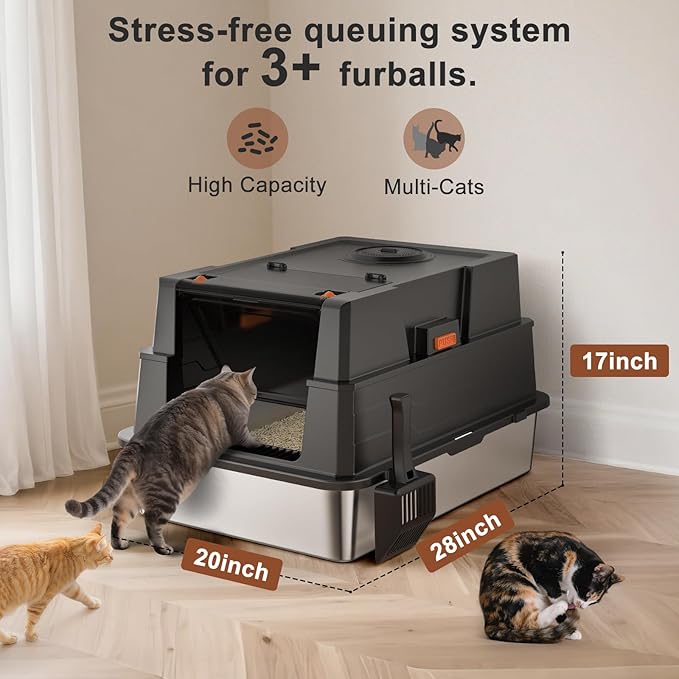 Extra Large Enclosed Stainless Steel Cat Litter Box with Lid - XXXL Giant Metal Enclosed High Sides Litter Boxes for Multi-Cat Households and Overweight Cats - Black