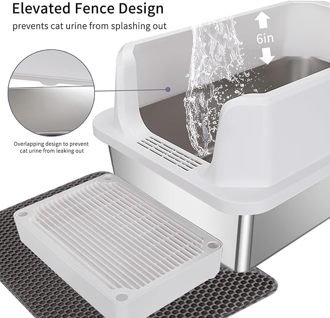 RIZZARI Large Stainless Steel Cat Litter Box: Open Top Leak-Proof Large Cat Pan - Odor Control for Indoor Multi-Cat Homes (White, 23.8" L*16" W*12" H)