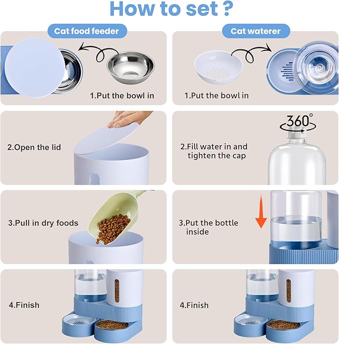 Automatic Dog Cat Water Dispenser Gravity Feeder and Water Dispenser Stainless Steel 2-in-1 Set Large Capacity Dispenser for Pets Dogs, Puppies, Kittens-Blue