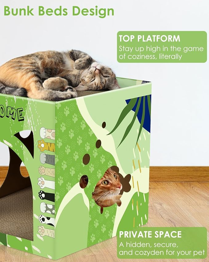 Bissap Cat Cardboard House, Large Thickened Play House with 2 Story Scratch Pads Bed Scratching Lounge for Indoor Cats Kittens Breathable Cube Shelter Corrugated Scratcher Box Toy