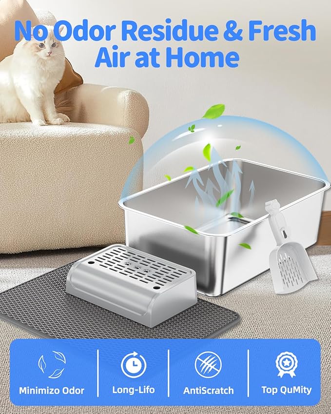 Stainless Steel Litter Box Set- [6-in-1] Extra Large Cat Litter Box with Pedal, Mat, Scoop, Brush, Wands, Non-Sticky Metal Litter Box for Cat, Kitt, Odorless, Easy Clean (23.6"x15.7"x8", 2 Pack)
