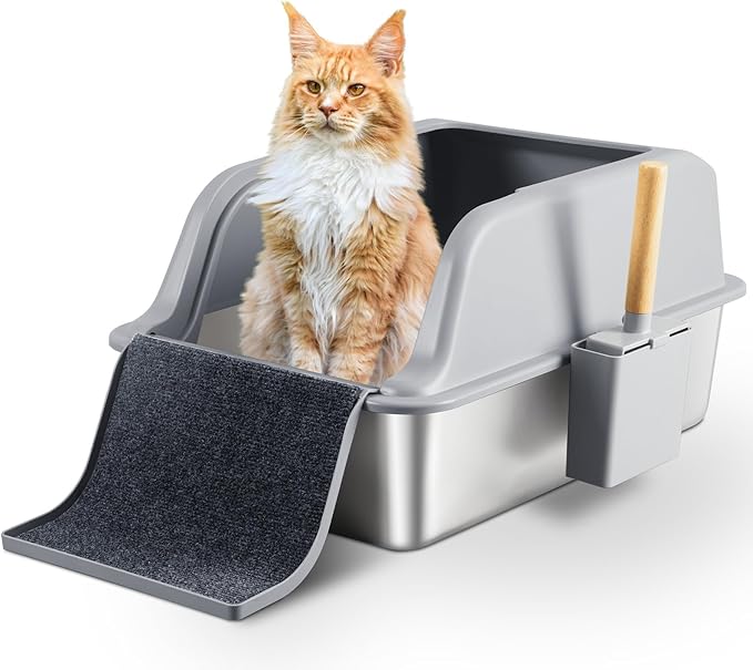XL Stainless Steel Litter Box with Lid, 24"x16"x12" Extra Large Cat Litter Box High Sides with Ladder, Anti-Urine Leakage Metal Litterbox for Senior Elderly Cats, Never Absorbs Odors, Non-Stick