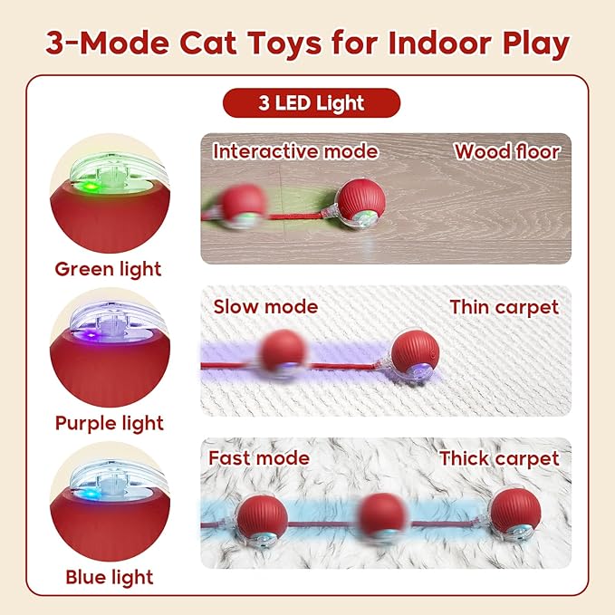 Interactive Dog & Cat Electric Active Toys, Smart Rolling Ball for Dogs & Cats, 360° Smart Automatic Rolling Pet Ball, Fast Moving Toy for Bored Indoor Kitty, Rechargeable(Red)