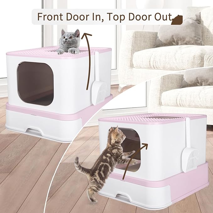 RIZZARI Stainless Steel Cat Box: Enclosed Design with High Walls - Pink - Large Litter Pan for Odor Control Indoors