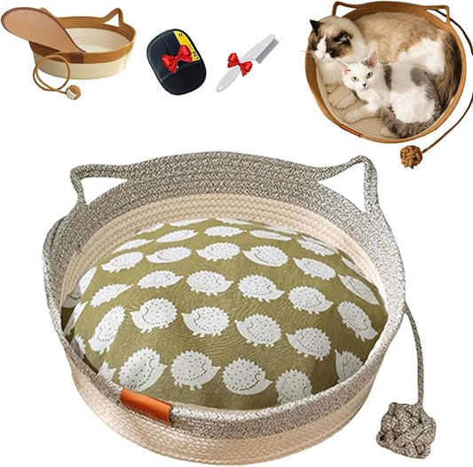 Cutypet Cat Basket, Cuty Pet Basket, Handwoven Cotton Rope Cat Bed, cat Scratch Bed with Built-in Teasing Ball, Breathable & Easy to Clean and Detachable Pad (Gray with Cushion, Medium)