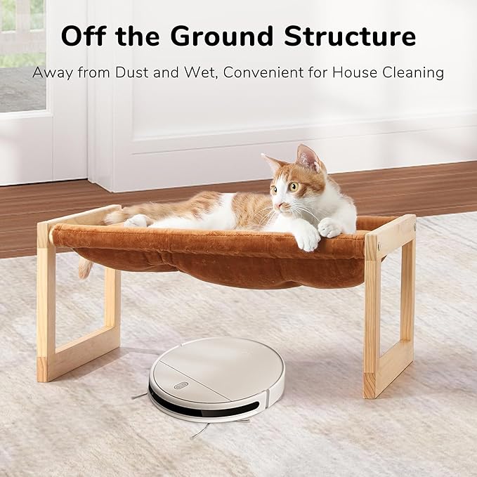 FUKUMARU Cat Bed with Removable Cover, Plush Velvet Couch for Indoor Cats, Wooden Feline Hammock, 21 x 16.5 Inch Kitten Sofa, Suitable for Kitty, Dog, Bunny and Small Animal, Brown