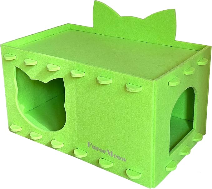 Cat House Cat Ear Design, Large Spacious Cozy Indoor Cat Bed Cave, Scratch Resistant Strong Thick Premium Felt Condo, Fun Hideaway for Multiple Cats, 21.5x13x11.6 inches (Bright Green)