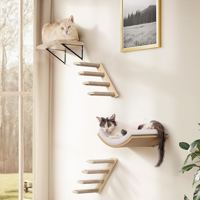 Cat Wall Stairs and Wall Shelves, 4 Piece Wood Cats Furniture Set, Padded Curved Bed with Foam, Flat Shelf & Climbing 4 Steps Stairs for Large Indoor Cats