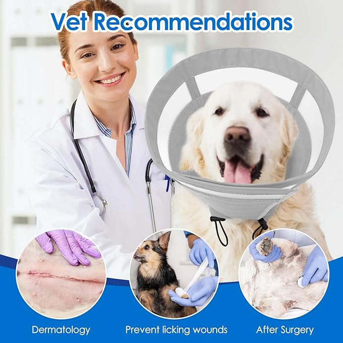 SAWMONG Soft Dog Cone for Medium Dogs, Adjustable Pet Recovery Collar to Stop Licking, Comfy Elizabeth E-Collar for Dogs After Surgery Alternative (M,Grey)