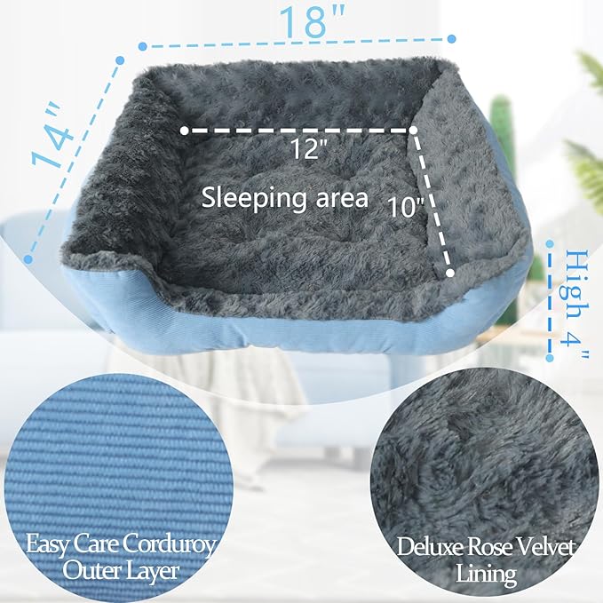 Doggie Beds for Small Dogs Washable Rectangle Kitten Beds for Indoor Kittens 18"X14",Small Size Kitty Calming Sofa Extra Cozy Anxiety Pet Sherpa Cat Bed Anti Slip Plush Couch for Puppy,Blue