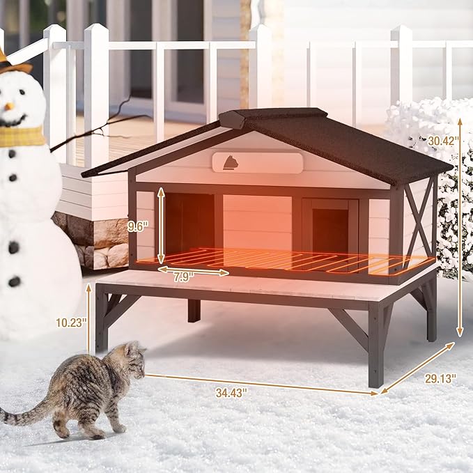Heated Outdoor Cat House - Heavy-Duty Triple-Layer Weatherproof Shelter with Thermal Liner, Openable Roof & Escape Doors for Winter(92-Black)