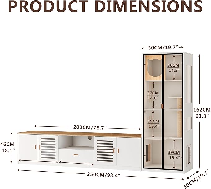 98.4" White TV Stand and Cat Tree Cabinet, 2-in-1 Entertainment Center and Cat Climbing Furniture with Scratching Posts Cat Door, Modern Wooden Design with Storage and Drawer for Living Room