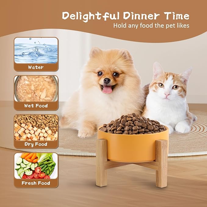 Elevated Ceramic Cat Bowl - Cat Food Bowl with Bamboo Stand - Raised Dog Dish for Puppies - Anti Vomiting, Stress Free - 13.5 oz / 400 ml - Yellow