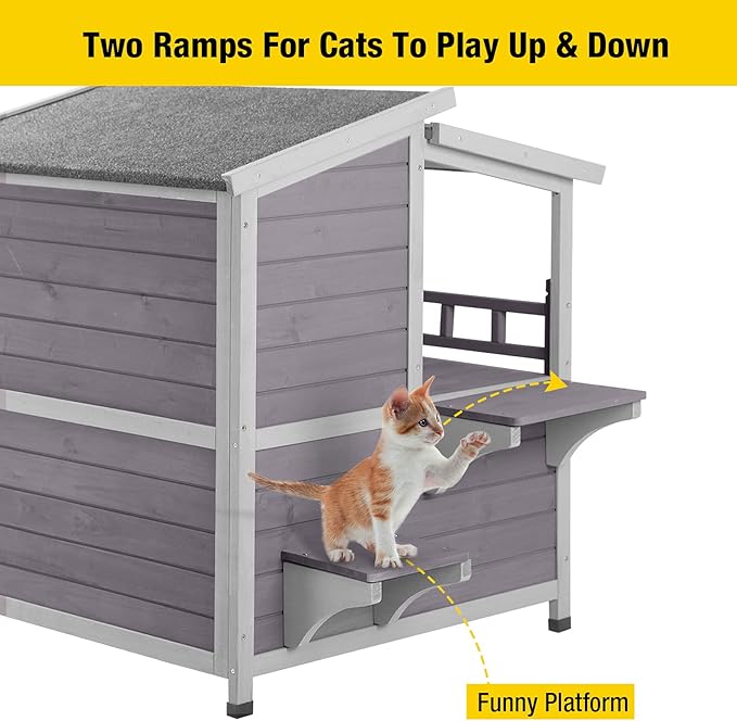 Aivituvin 2 Story Cat House with Large Balcony, Indoor Cat Condo Outdoor Cat Shelter, Wooden Kitty Home with PVC Door Strip