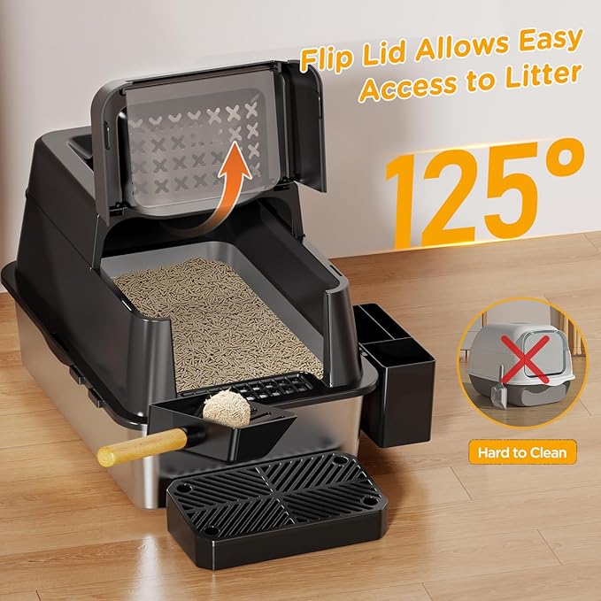 Stainless Steel Litter Box with Lid, XL Closed Metal Litter Box Modular Design with Flip Lid Fits All Cats, Extra Large Covered High Sided Cat Box, Scoop, Non-Sticky, Easy Cleaning, Black