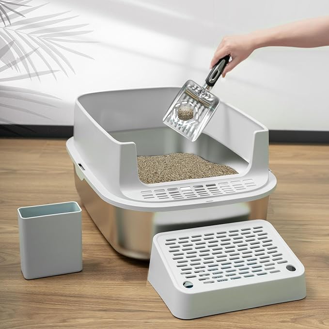 Stainless Steel Cat Litter with Lid, XL Extra Large Enclosed Cat Litter Box for Big Cats, High Sides Metal Litter Box, Anti Leakage,Odor-Free & Easy Cleaning,Include Scoop & Foot Board