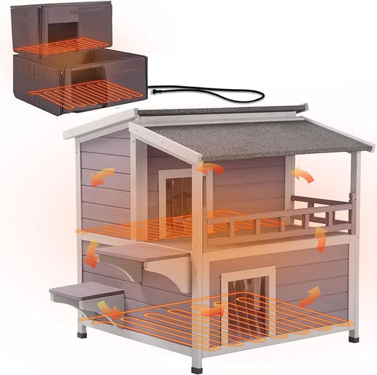 Aivituvin Outdoor Heated Cat House with Safe Heating Pad and Full Insulation Liner, Two-Story Design Insulated Cat Shelter for Feral or Indoor Cats
