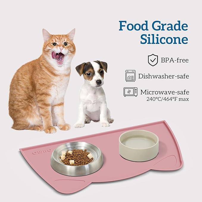 OHMO - Cat Food Mat, Silicone Pet Feeding Mat for Floor Non-Skid Waterproof Dog Water Bowl Tray, Easy to Clean Pet Placemat (Pink, 18 * 9.8'')