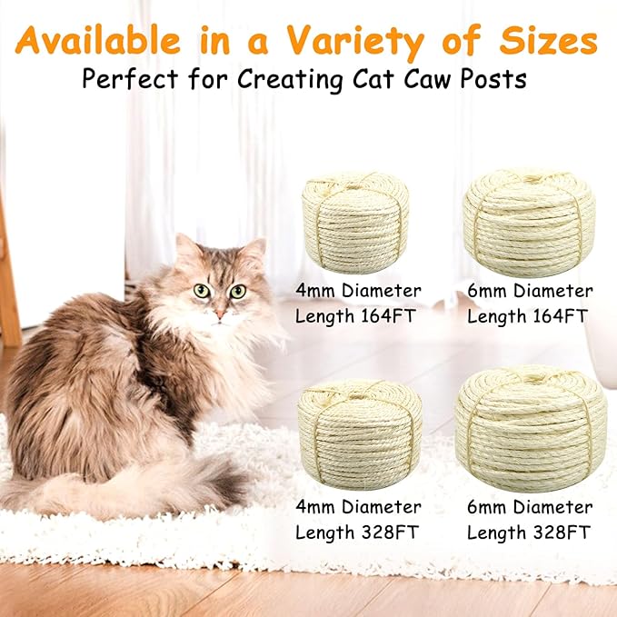 Sisal Rope for Cat Scratcher 4mm Diameter 328 FT Cat Natural Sisal Rope for Repairing Cat Scratching Post Cat Tower Repair Rope Cat Tree Rope Replace Recovering and DIY
