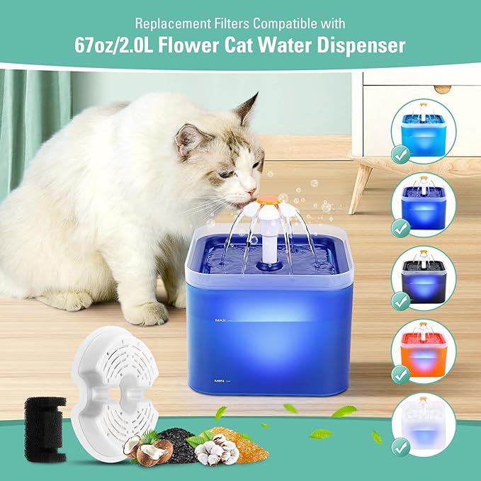 8 Pack Replacement Filters & Pump Sponges for 67oz/2L Colorful Cat Fountain with LED Light, BFLICROY Cat Water Fountain Filter, Quadruple Filtration Pet Fountain Filters Replacement