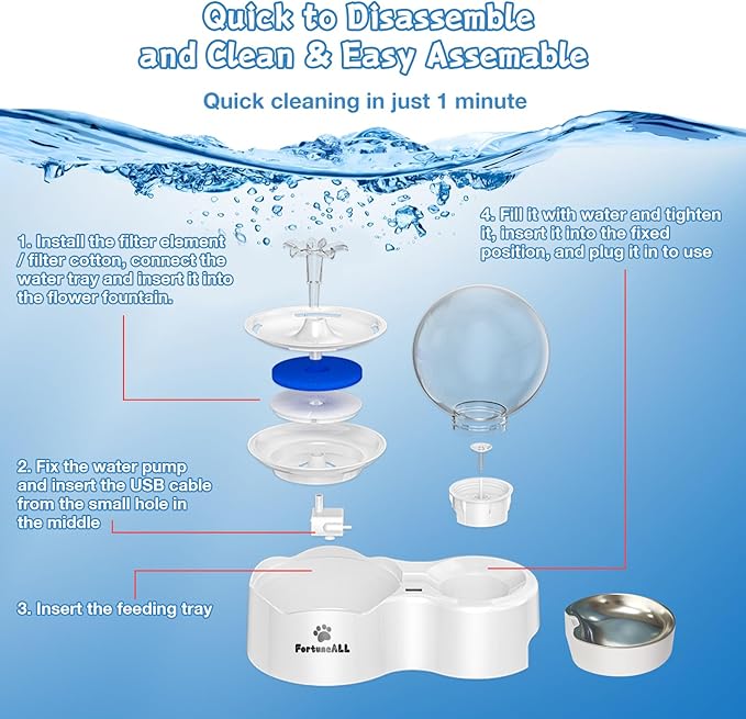 95oz/2.8L Pet Fountain 2 in 1 Set, Automatic Cat Water Fountain with Stainless Steel Feeding Tray, Cat Water Dispenser for Cats, Dogs, Quiet Anti-Dry Boil Water Pump, 3 Drinking Modes (White, WF180)