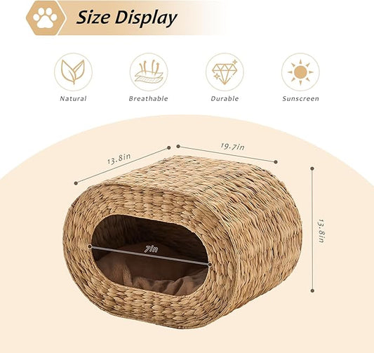 Cat House,Handwoven Cat Cave Pet Cube, Natural Cat Beds Indoor Kitten House with Double-Sided Soft Cushions, Pet Cat House for Multiple Cats, for Living Room Bedroom
