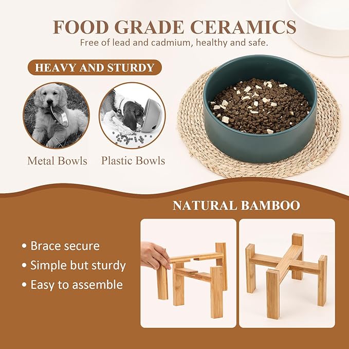 Raised Ceramic Large Dog Bowl - Heavy Weighted Dog Dish with Bamboo Stand - Elevated for Comfortable Feeding - 8.3" W x 8" H - 4.5 Cups (68 fl oz) - White