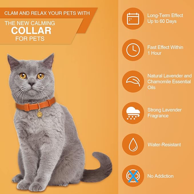 4 Pcs Cat Calming Collar Adjustable Lavender Scent Relaxing Cat Collar with 2 Pendant for Puppies Reduce Stress Aggression Anxious, up to 15 Inches(Orange)