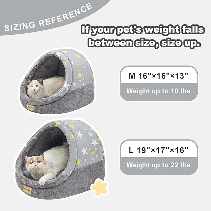 Jiupety Cute Cat Beds for Indoor Cats, Cat Cave Bed for Kittens, Large Cat Cave and Covered Cat Bed with Anti-Slip Bottom, Washable Removable Cushion, M(16"x16"x13"), Gray Star