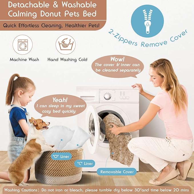 Calming Donut Dog Bed Medium Size Removable Cover + 2 PCS Cooling Rattan Pet Mat, Fluffy Comfort Anti-Anxiety Washable Round Pets Bed with Double-Sided Cool Pad for Medium Dogs/Cat, 31" Khaki