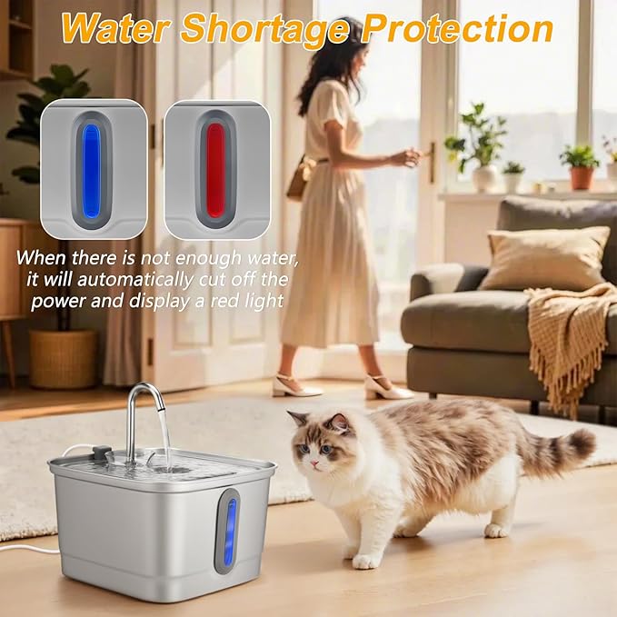 Stainless Steel Cat Water Fountain, 101oz/3L Automatic Pet Water Fountain, Dog Water Fountain with Replacement Filters for Cats, Small Dogs (8 Filters and 8 Sponges)