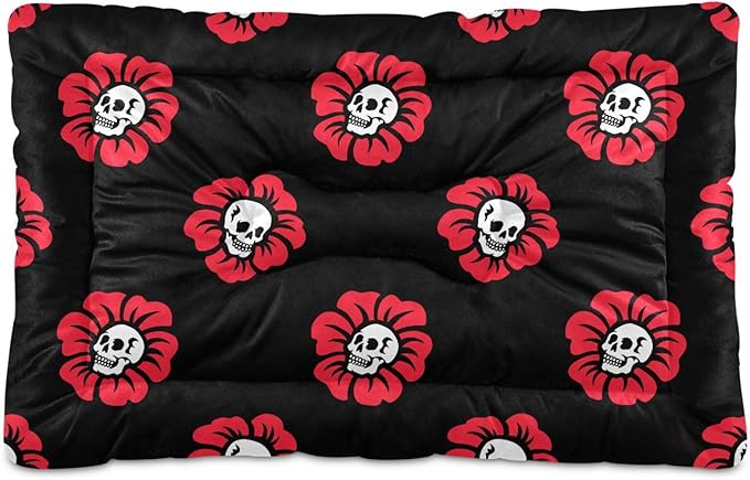 Gothic Skulls Flowers Pet Bed Cute Dog Bed Mat Absorbing Non Slip Pad Pet Sleeping Mat for Small, Medium, and Large Dogs Puppy Cat 24 in x 18 in