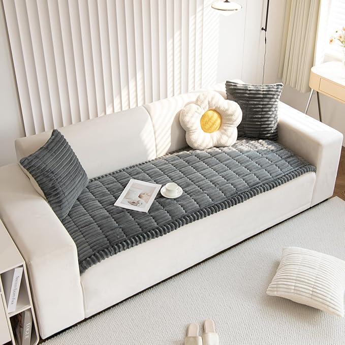 Faux Fur Plush Dog Couch Cover 3D Stripe Fuzzy Sofa Cover Non-Slip Fluffy Dog Bed Cover Pet Blanket Sofa Couch Furniture Protector for Puppy Large Dog Cat (Dark Grey,35"x82")