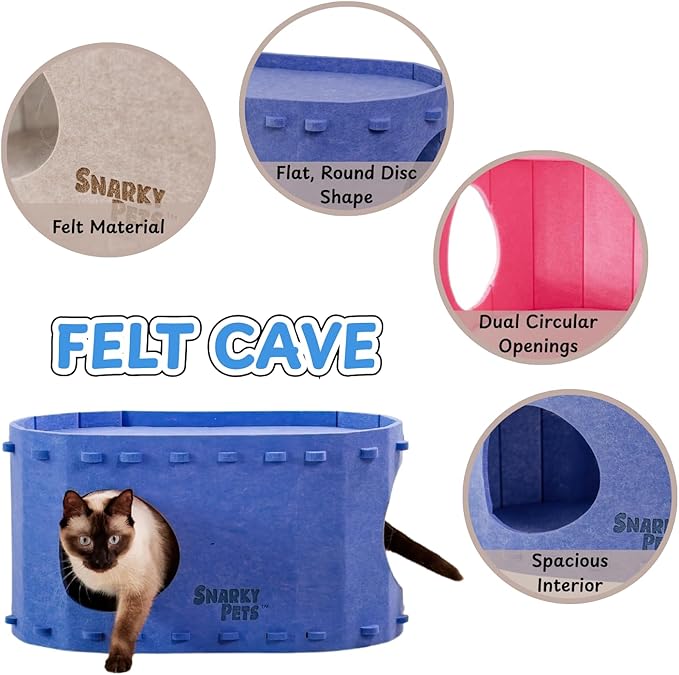 Tess & Liza Felt Cat Cave – Cozy Hideaway for Cats & Kittens | Eco-Friendly Felt Cat House | Durable & Spacious Cat Bed for Large Cats | Stylish Indoor Pet Furniture by Snarky Pets™ Blue