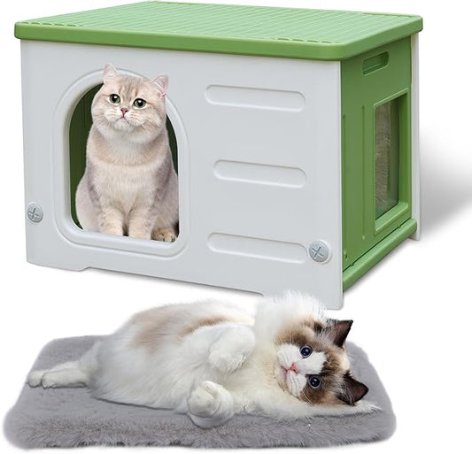 Plastic Cat House for Outdoor Indoor Use, Feral Cat Shelter Indoor Stackable Cat House Insulated Weatherproof Waterproof with Mat-Green