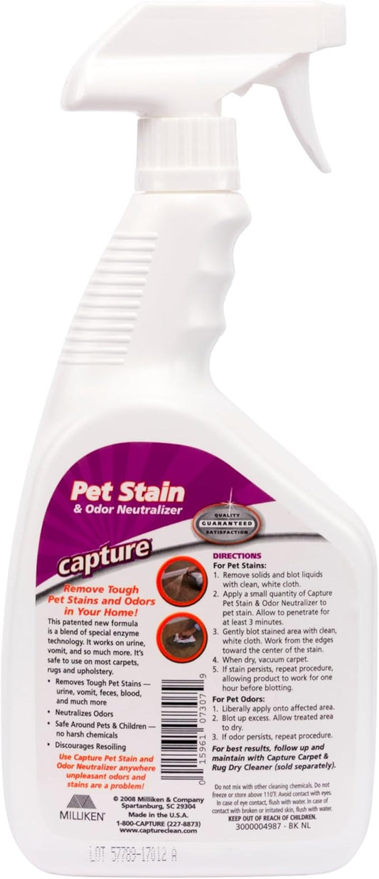 Capture Pet Stain & Odor Neutralizer - Pet Stain Remover for Carpet, Wood, Leather, Rug, Bed, Couch, Car, Upholstery, Clothes, Curtains, Wall, Floor, Concrete - 32oz Portable Spray Bottle