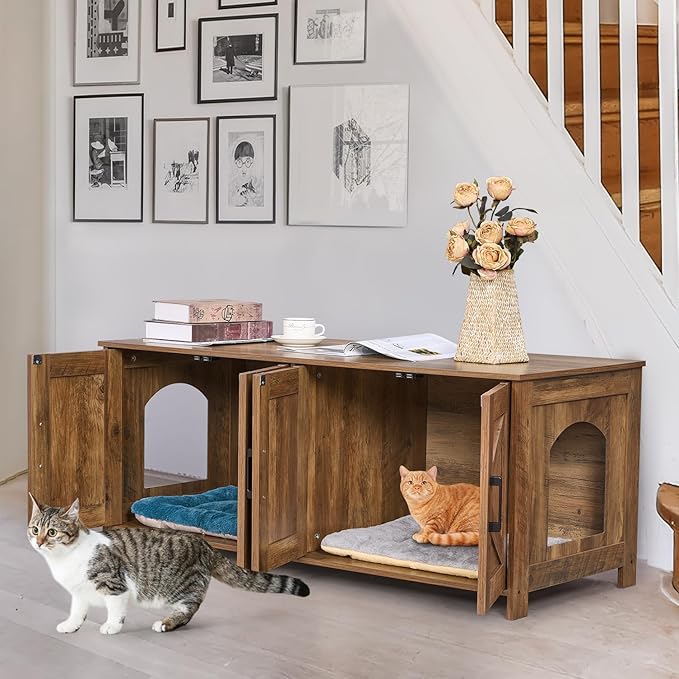 Homhedy Cat Litter Box Enclosure for 2 Cats, Wooden Pet Washroom Furniture with Double Room, Cat House, 47.2”L x 19.7”W x 19.7”H, Rustic Walnut