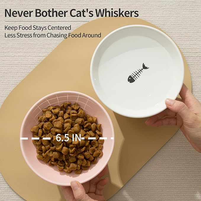 OMAYKEY 6.5 Inch Extra Wide Ceramic Raised Cat Bowls, Elevated Cat Bowl for Food and Water, Wide Shallow Cat Food Feeder Dishes, Whisker Fatigue, Protect Spine, White & Pink