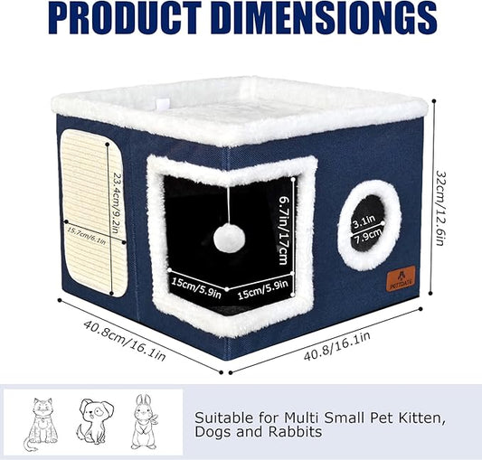 Cat Beds for Indoor Cats, Large Cat Cave Bed with Scratch Pad and Fluffy Ball, Foldable Cat Hideaway, Cat House with Reversible Cushion for Multi Small Pet Up to 30LBS, Blue