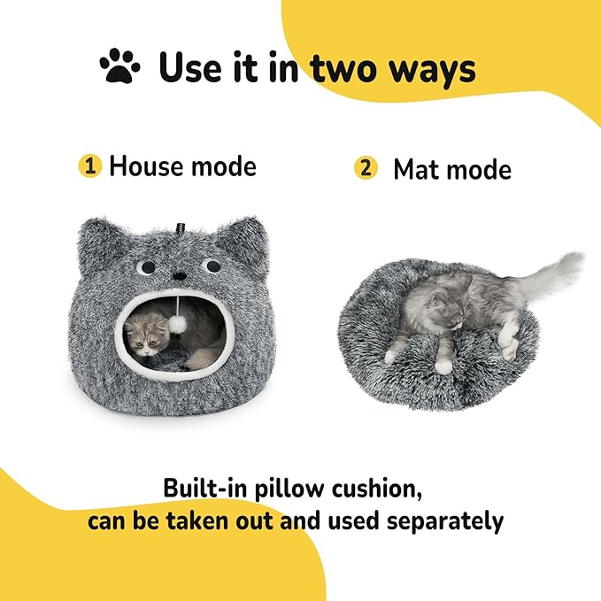 CATISM Cat Bed for Indoor Cats - Cat Bed Cave Washable, Soft Plush, Removable Pillow, Non-Slip Base, Large Cave with Toy Balls for Kitty and Small Animals