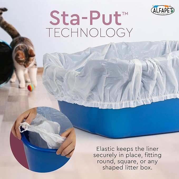 Alfapet Kitty Cat Litter box Disposable, Elastic Liners- 48-count-For Medium and Large, Size Litter Pans- With Sta-Put Technology for Firm, Easy Fit- Quick + Clever Waste Cleaners 4 pack