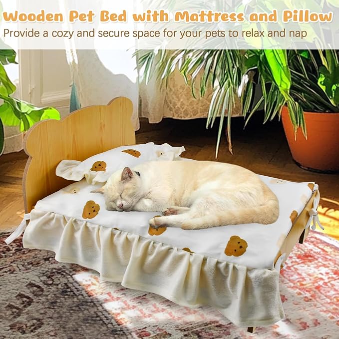 Elevated Cat Bed for Indoor Cats: Natural Wooden Cat Hammock Bed with Raised Legs Washable Mattress Pillow for Small Dogs Rabbit Bunny and Small Animals Holding 40 Lbs