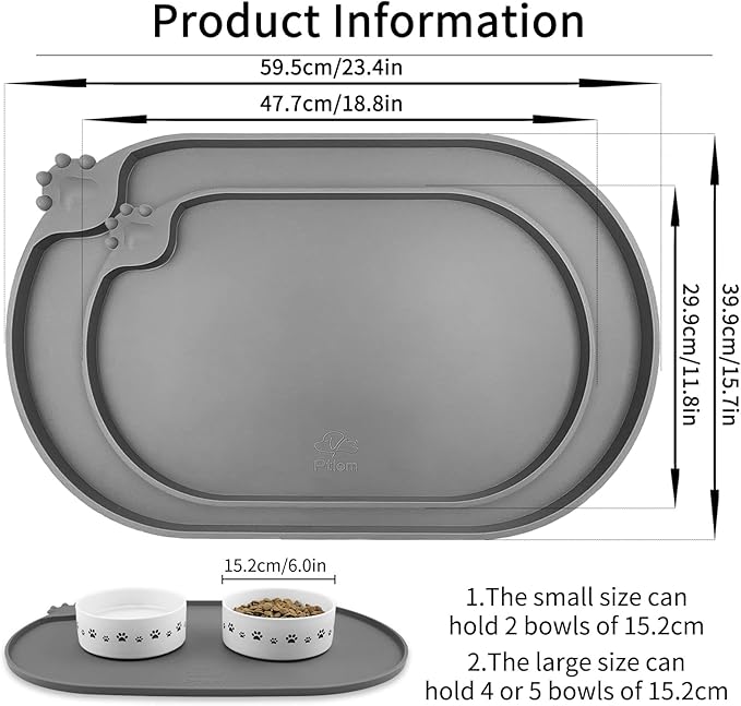 KPWACD Pet Placemat for Dog and Cat, Waterproof Silicone Dogs Feeding Bowl Mat Prevent Food and Water Overflow, High-Lips Puppy Dish Mats Suitable for Small Medium Big Pets, Grey, 24" * 16"