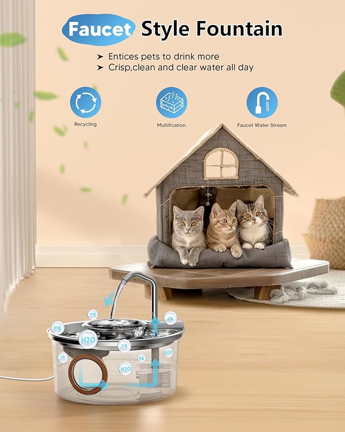 Dog Water Fountain Stainless Steel - 3.2L/108oz Dog Fountain and Removeable Suction Dog Bowls, Kitty Fountain with Multi-Filter, Water Level Window, Pet Fountain for Cats and Dogs