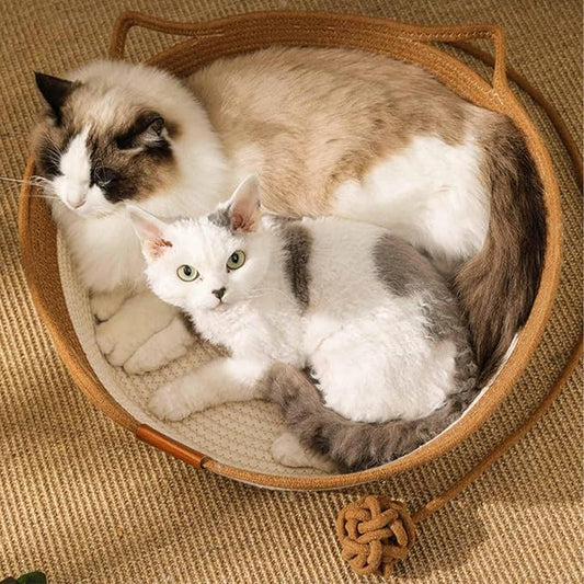 Stimulicat Cat Bed, Stimulicat Handwoven Cat Basket, Foldable Round Cotton Rope Cats Beds with Toy Tail and Built-in Scratching Pad, Scratch Resistance Easy to Clean (Green, Small)